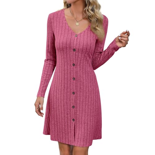 sancuanyi Strickkleid Damen A-Linie V-Ausschnitt Kurz Langarm Senkrechte Streifen Schlank im Alltag Stretchmaterial Herbst- und Winterkleider rosa L von sancuanyi