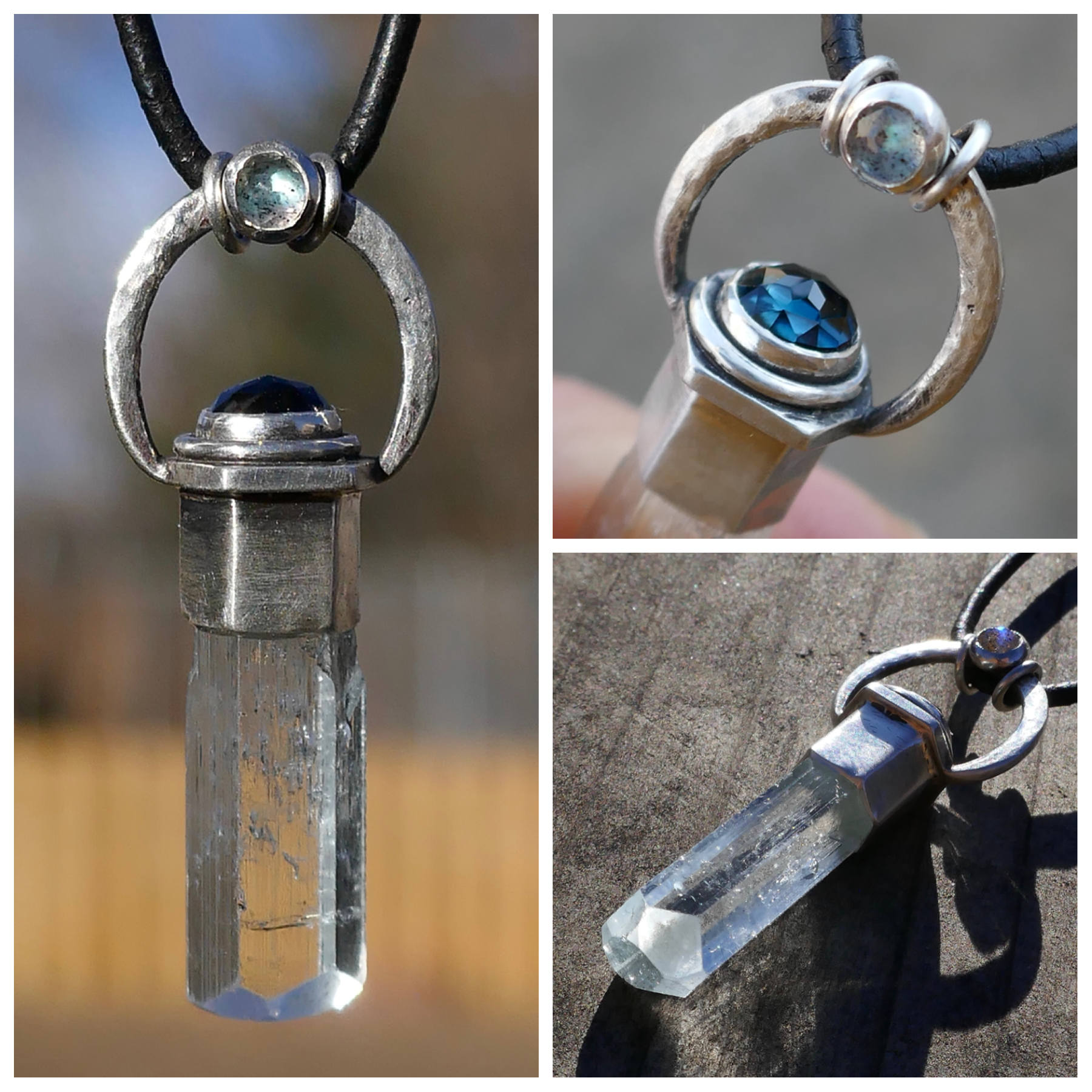 Aquamarin, Labradorit Und Londoner Blautopas Anhänger, Sterling Silber, Kristall Zauberstab, Mystisch, Rustikal, Handgehämmerter Anhänger von sandandsagevibes