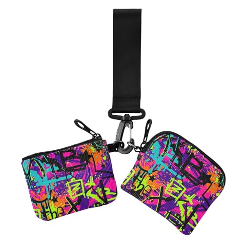 80er Jahre Doodle Cartoon Fashion Hippie Dual Coin Purse Credit Card Holder Wallet Slim Detachable Key Chain Wallet Change Purse with Wristlet Strap for Ladies 2 Pcs von sanluoli