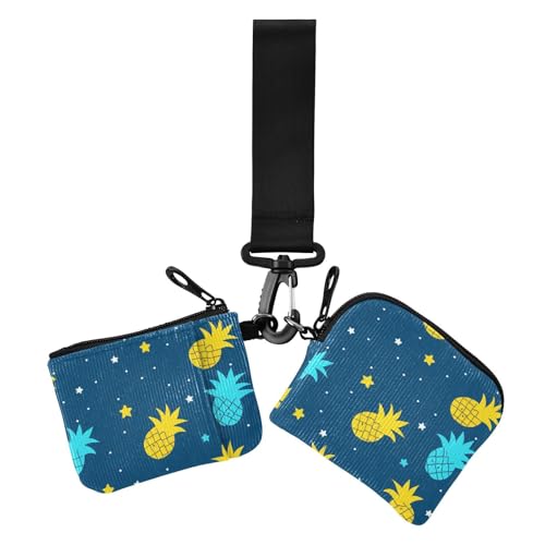 Ananas-Sihouette blaue Sterne, niedliche Damen-Münzgeldbörsen, Kartenetui, schmal, tragbar, Reißverschluss, Handgelenktasche mit Schlüsselanhänger, für Damen, 2 Stück von sanluoli