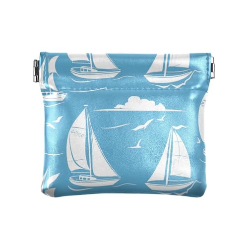Blaue einfache minimalistische Segelboote Damen Herren Leder Münzgeldbörsen niedliche Mini-Münzgeldbörse für Damen und Mädchen von sanluoli