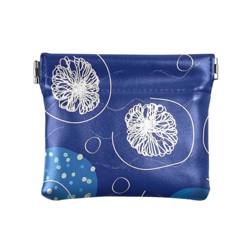 Blaue runde weiße Linien Blume Kunst Damen Leder Münzgeldbörse praktische Mini-Kosmetiktasche für Frauen Mädchen von sanluoli