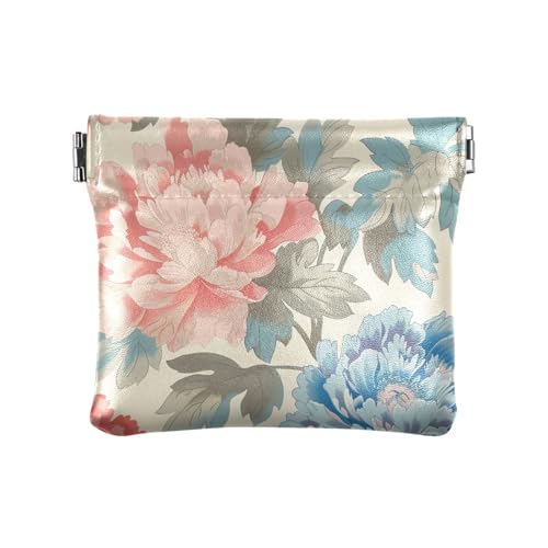 Blühende blaue und pfirsichfarbene Blumen PU-Leder Kleingeldbörse ausgefallene Organisationstaschen für Damen und Mädchen von sanluoli