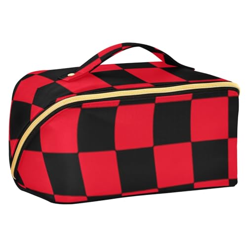 Buffalo Plaid Karo Schwarz Rot Kosmetiktasche mit Trennwänden Tragbare Reise-Kosmetiktasche für Frauen mit Fächern und Griff von sanluoli