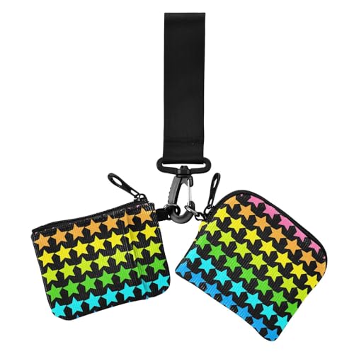 Bunte Regenbogen-Sterne, schwarze Damen-Geldbörsen, Kartenetuis, Mini-Geldbörse, mit Reißverschluss, Geldbörse mit Handgelenkschlaufe für den täglichen Gebrauch, 2 Stück von sanluoli