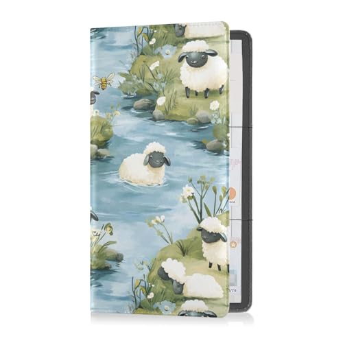 Cartoon-Schaf A River Premium-Leder-Auto-Registrierungs- und Versicherungskartenhalter, Auto-Handschuhfach-Organizer für Ausweis, Führerschein, Schlüsselkontaktinformationskarten von sanluoli