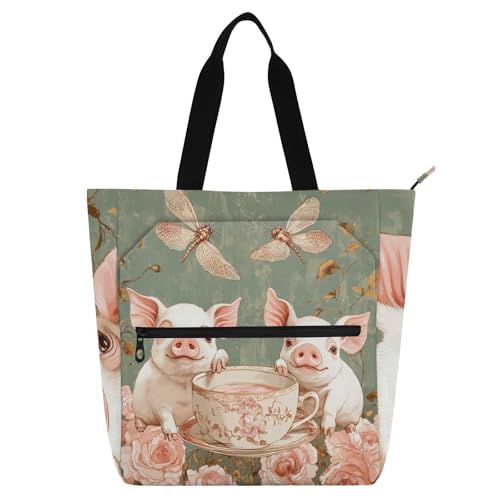 Cartoon-süße Teetasse, Schwein, Blume, Rosa, Kinder-Tragetasche, für Kinder, Studenten, Erwachsene, Gothic, wasserabweisend, Handtasche, Lebensmittel-Strandtasche mit Reißverschlusstaschen, für Schule Cartoon-süße Teetasse, Schwein, Blume, Rosa, Kinder-Tragetasche, für Kinder, Studenten, Erwachsene, Gothic, wasserabweisend, Handtasche, Lebensmittel-Strandtasche mit Reißverschlusstaschen, für Schule von sanluoli