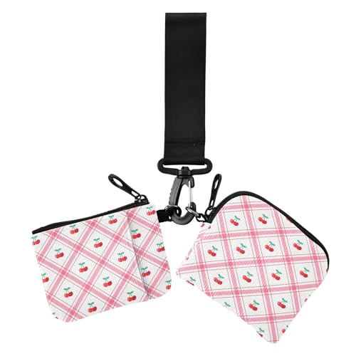Cherry Peach Red Plaid Damen Geldbörsen Kartenetuis Mini Fashion Visitenkartenhalter mit Armband für den täglichen Gebrauch, 2 Stück von sanluoli