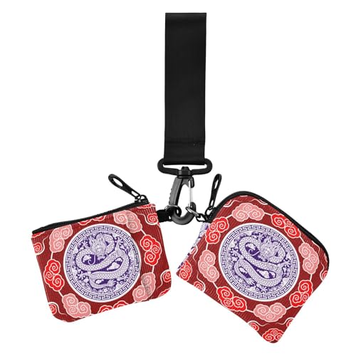 Chinesischer Drachen-Druck, Münzbeutel, Kartenhalter, klein, abnehmbarer Ausweishalter, Schutz mit Schlüsselanhänger für Damen, 2 Stück von sanluoli
