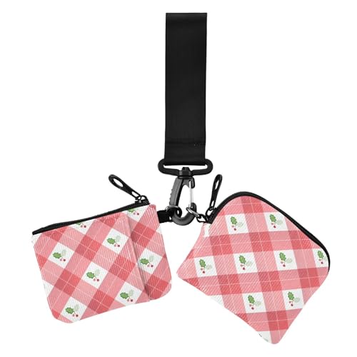 Crimson Red Checkered Plaid Holly Berries Damen Kartenetuis Kleingeldhalter Schlanker abnehmbarer Ausweishalter Schutz mit Reißverschluss Münzfach für den täglichen Gebrauch 2 Stück von sanluoli