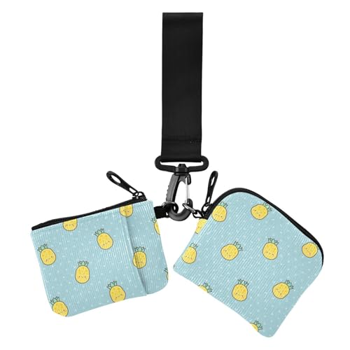 Cute Caroon Pineapple Blue Dots Damen Dual Wallets Visitenkartenetuis Große Kapazität Reißverschluss Wristlet Wallet mit Schlüsselanhänger für Frauen 2 Packungen von sanluoli