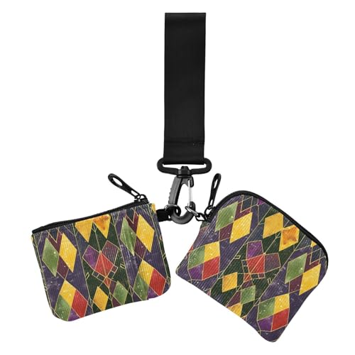 Damen-Geldbörsen mit Mardi Gras Rautenmuster, Kartenetui, klein, abnehmbarer Ausweis-Schutz mit Handgelenkschlaufe, 2 Stück Damen-Geldbörsen mit Mardi Gras Rautenmuster, Kartenetui, klein, abnehmbarer Ausweis-Schutz mit Handgelenkschlaufe, 2 Stück von sanluoli