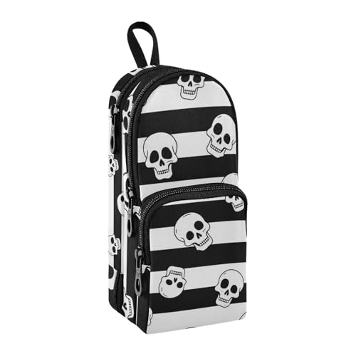 Federmäppchen mit Totenkopf-Motiv, Nylon, 3 Fächer, Mehrzweck- und ästhetisches Federmäppchen, Schreibwaren-Tasche für Erwachsene, adrette Schule, 1600 ml, Schwarz / Weiß von sanluoli