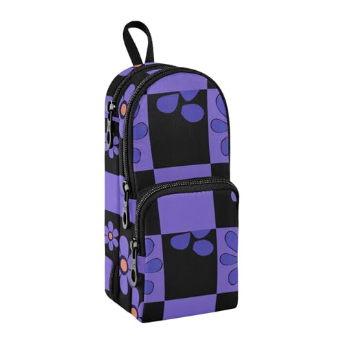 Federmäppchen mit kleinen Blumen, Nylon, 3 Fächer, großes Fassungsvermögen, College-Federmäppchen, Schreibwaren für Lehrer, Grundschule, 1600 ml, Schwarz und Lila von sanluoli