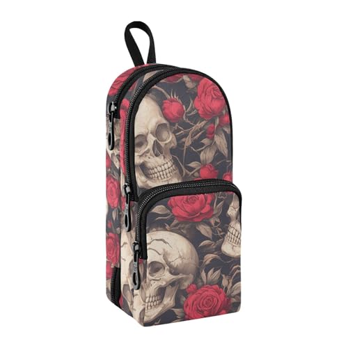 Federmäppchen mit menschlichem Totenkopf, rote Rose, Gothic-Stil, Nylon, 3 Fächer, großes Fassungsvermögen, Federmäppchen für Jungen, Schreibwaren für Teenager, Mädchen, Elementar, 1600 ml von sanluoli