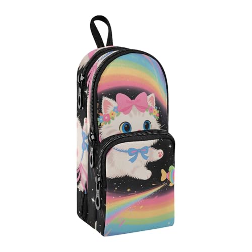 Federmäppchen mit niedlichem Regenbogen-Katzen-Motiv, Nylon, 3 Fächer, großes Fassungsvermögen, Federmäppchen für Teenager, Mädchen, Schreibwaren für Männer, Schulbedarf, 1600 ml von sanluoli