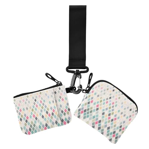Geometrische Argyle-Münztaschen für Damen, Kartenhalter, schlank, abnehmbarer Reißverschluss, Geldbeutel, Geldbörse mit Handgelenkriemen, 2 Packungen von sanluoli