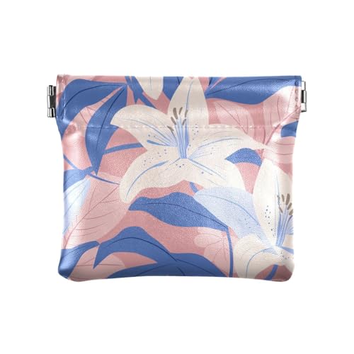 Große weiße Lilienblüten blaue Blätter Frauen Leder Münzgeldbörse Wasserdicht Kartenschlüssel Organizer für Mädchen Frauen Damen von sanluoli