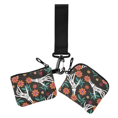 Gruselige Totenköpfe Skelett Happy Halloween Damen Münzgeldbörse Kartenhalter klein tragbar Kreditkartenetui mit Schlüsselanhänger für Damen 2 Stück von sanluoli