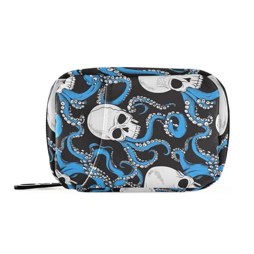Halloween Schwarz und Weiß Totenkopf Blau Octopus_4 Reisetasche mit abnehmbaren Fächern, aufsteckbarer kleiner Pillen-Organizer von sanluoli