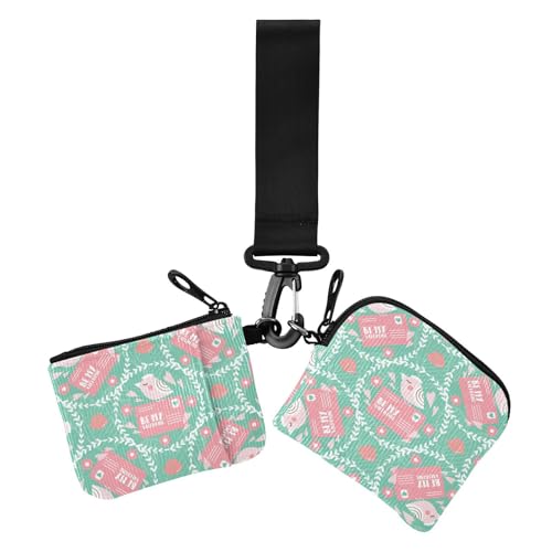 Happy Valentine's Day Green Birds Dual Wristlet Wallets for Women Thin Flat ID Card Holders Protector with Zipper Coin Pocket for Lady 2 Packs von sanluoli