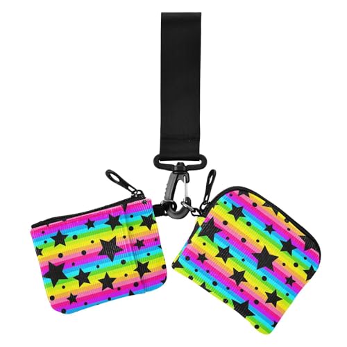 Horizontale Streifen, bunte Sterne, schwarz, Damen-Münzgeldbörse, Kartenhalter, schmal, abnehmbar, Visitenkartenetui, Geldorganizer mit Reißverschlussfach für Frauen, 2 Stück von sanluoli