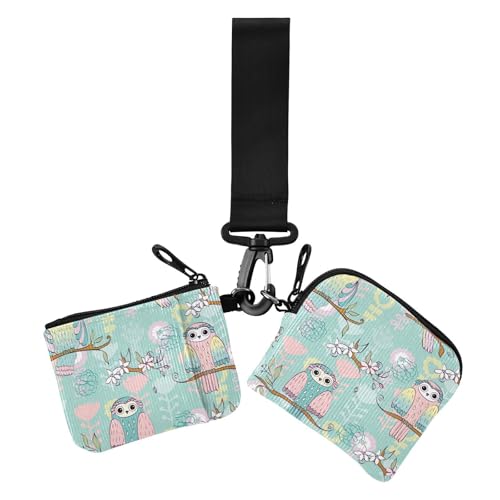 Illustration mit Eule, die auf Ästen sitzt, Münzbeutel, Kartenhalter, Mini-Geldbörse, Schlüsselhalter mit Schlüsselanhänger, für Damen, 2 Stück von sanluoli