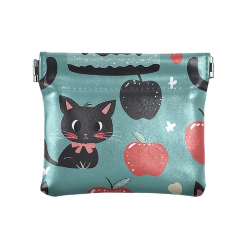 Kleine Geldbörse aus Leder, Motiv: schwarze Katze, Cartoon, Obst, wasserdicht, Make-up-Tasche für Männer und Frauen von sanluoli