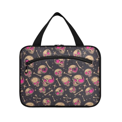 Kosmetiktasche mit Totenkopf-Motiv, zum Aufhängen, für Damen, mit Haken, waschbare Designer-Make-up-Tasche für Accessoires, ein Muss für den Urlaub, Totenkopf Rotgold von sanluoli