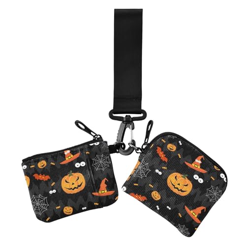 Kürbis Gruselmuster Happy Halloween Damen Kleingeldbörse Kartenetuis Kleine Abnehmbare Schlüsselanhänger Geldbörse Kleingeld Geldbörse mit Reißverschlusstasche für den täglichen Gebrauch 2 Stück von sanluoli