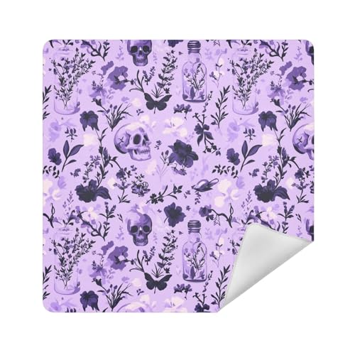 Kulturbeutel aus Stoff, selbstklebend, 35 x 35 cm, für Damen, Lila Blumen Totenköpfe, 13.8x13.8in von sanluoli