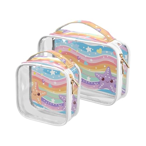 Kulturbeutel für Herren, transparent, Seestern-Wellen-Cartoon-Motiv, TSA-zugelassen, wiederverwendbar, kleine Kosmetiktasche, Reisezubehör, Seesternwellen-Cartoon, 2 Stück, Seestern Waves Cartoon von sanluoli