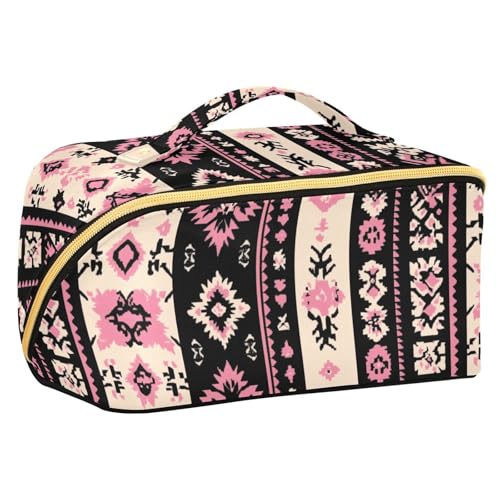 Kulturbeutel im Vintage-Stil, Boho-Stil, mit Trennwänden, tragbar, Kosmetiktasche für Damen, mit Fächern und Griff, Schwarz und Pfirsich von sanluoli