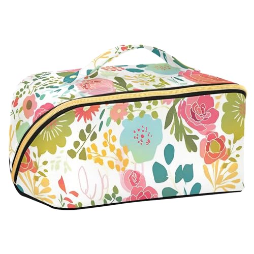 Kulturbeutel mit bunten Blumen und Trennwänden, stilvolle Reise-Kosmetiktasche für Damen, mit Fächern und Griff von sanluoli