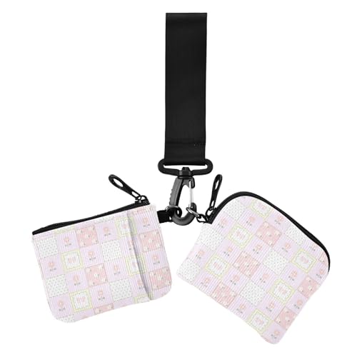 Little Fresh Lovely Cute Blooms Peach Plaid Damen Münzgeldbörse Kartenhalter klein tragbar Handgelenktasche Schlüsselhalter mit Armband für Frauen 2 Stück von sanluoli