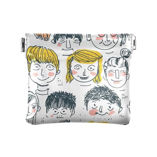 Lustige handgezeichnete Gesichter junger Menschen, PU-Leder, kleine Münze, praktische Geldbörse mit Verschluss für Frauen und Mädchen von sanluoli