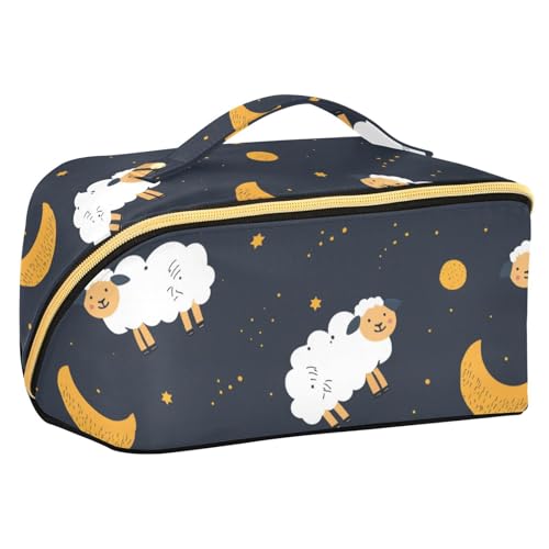 Make-up-Tasche mit Trennwänden, Reißverschluss, Reisetaschen für Damen, mit Fächern und Griff, Motiv: Cartoon-Schaf, Mond, Schwarz von sanluoli