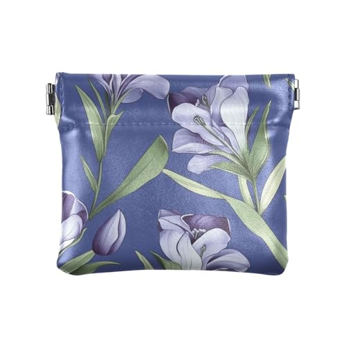 Make-up-Tasche mit violetten Blumen und grünen Blättern, PU-Leder, kleine Münze, einzigartige Make-up-Tasche, Wechselgeldbörse für Damen und Mädchen von sanluoli