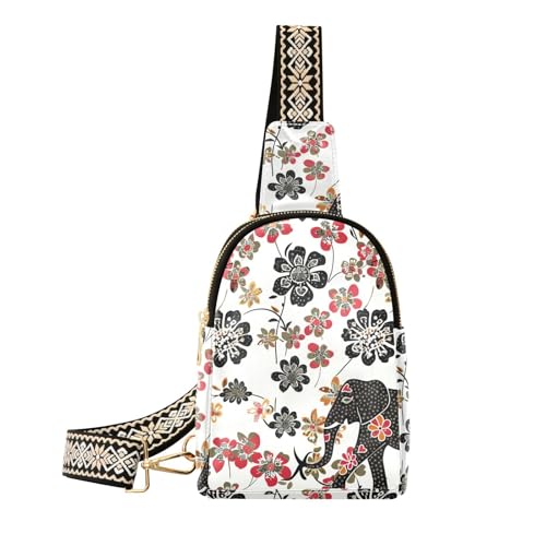 Modische Bauchtaschen aus Leder für Damen zum Wandern, Bohemian-Elefanten, Blumen, Weiß, klein von sanluoli