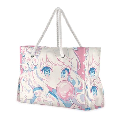 Peach Baby Anime Mädchen Stabile Strandtasche Sanddicht mit Seitentaschen Seesack Damen mit Reißverschlusstaschen von sanluoli