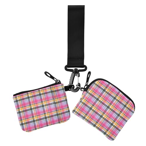 Pfirsich-Schwarz-Orange, kariert, Doppelarmband für Damen, klein, abnehmbar, Kreditkartenetui mit Schlüsselanhänger, 2 Stück Pfirsich-Schwarz-Orange, kariert, Doppelarmband für Damen, klein, abnehmbar, Kreditkartenetui mit Schlüsselanhänger, 2 Stück von sanluoli