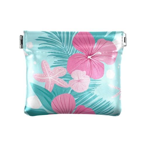 Pfirsich- und blaugrüne Blumen Blätter PU-Leder kleine Münzbörse ausgefallene Mini-Kosmetiktasche für Frauen Jungen Mädchen von sanluoli