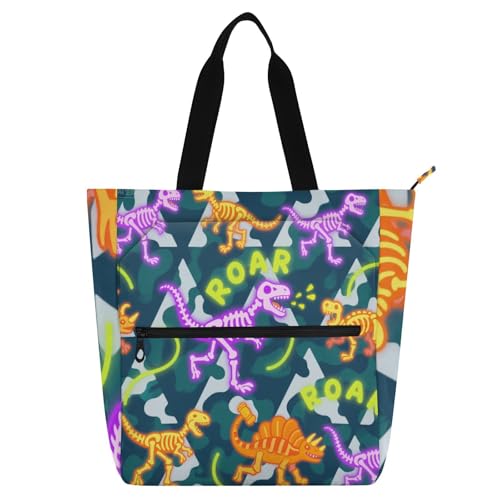 Roaring Dino Totenkopf fluoreszierendes Gelb Lila Camouflage Kinderbuch Tragetasche für Kinder Damen Herren Gothic wasserdichte Schul-Schultertasche mit Reißverschlusstaschen für Schule und Spielzeit von sanluoli
