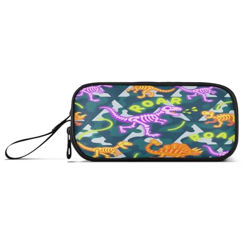 Roaring Dino Totenkopf fluoreszierendes Gelb Lila Camouflage Nylon Großes Federmäppchen für Jungen Große Kapazität Federmäppchen für Teenager Schreibwaren Tasche für College Frau von sanluoli