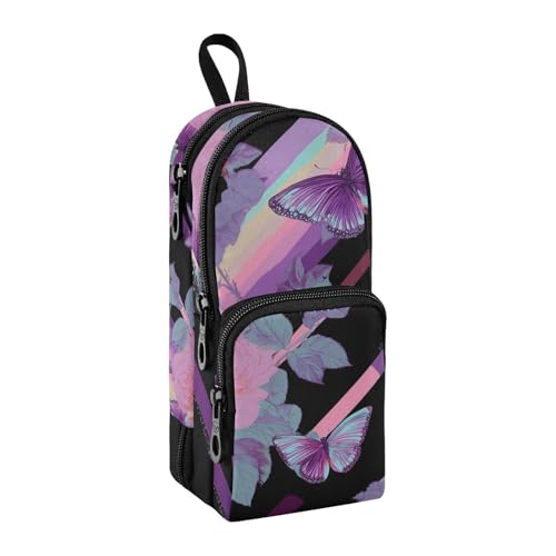 Roses Butterfly Vapor Wave Style Pink Black Nylon 3 Compartments Big Pencil Bags Multi purpose and aesthetic pencil cases for college Stationery Organizer for Boys College 1600ml von sanluoli