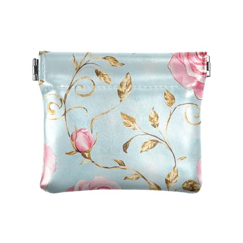 Roses Golden Leaves Pastell Retro Damen Leder Münzgeldbörse Praktische Kleingeldbörse mit Verschluss für Mädchen Damen Handtasche von sanluoli