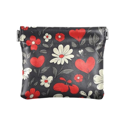 Rot und Weiß Romantische Blumen für Valentinstag Damen Leder Münzbörse Geldbörse Wasserdicht Mini Kartenhalter Geldbörse für Mädchen Damen Handtasche von sanluoli