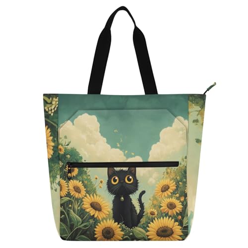 Schwarze Katze, Gänseblümchen, Sonnenblume, Frühlingsbuchtasche, Büchertasche für Jungen, Mädchen, Frauen, Gothic, wasserdicht, Lehrer-Tragetasche, Schultertasche mit Reißverschluss, für Schule und von sanluoli