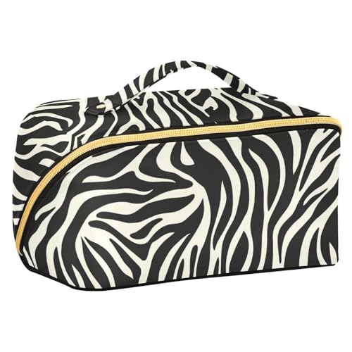 Schwarze und weiße Vintage-Tierdruck-Reisetasche mit Trennwänden, stilvolle Make-up-Tasche für Damen, mit Fächern und Griff von sanluoli