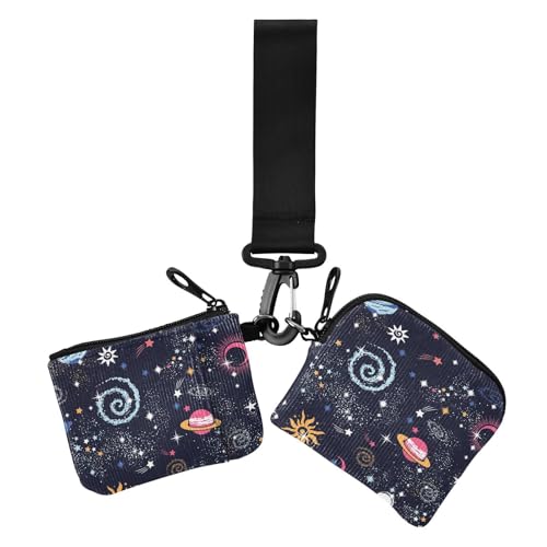 Space Star Sonne Mond Weltraum Damen Münztaschen Kartenhalter Dünn Flach Visitenkartenhalter mit Schlüsselanhänger für Frauen 2 Packungen von sanluoli